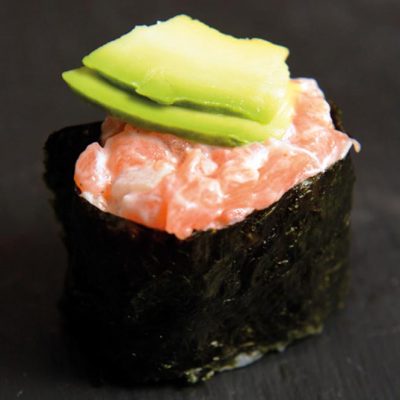 Gunkan with salmon, avocado and mayonnaise