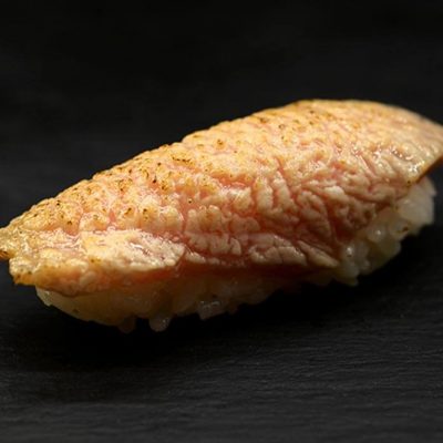 Seared Toro nigiri, Toro is the fatty part of wild tuna