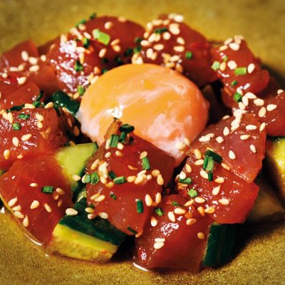 Dices of spicy tuna with onsen tamago