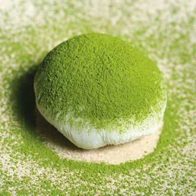 Homemade Mochi filled with green tea icecream. The mochi is made of rice powder